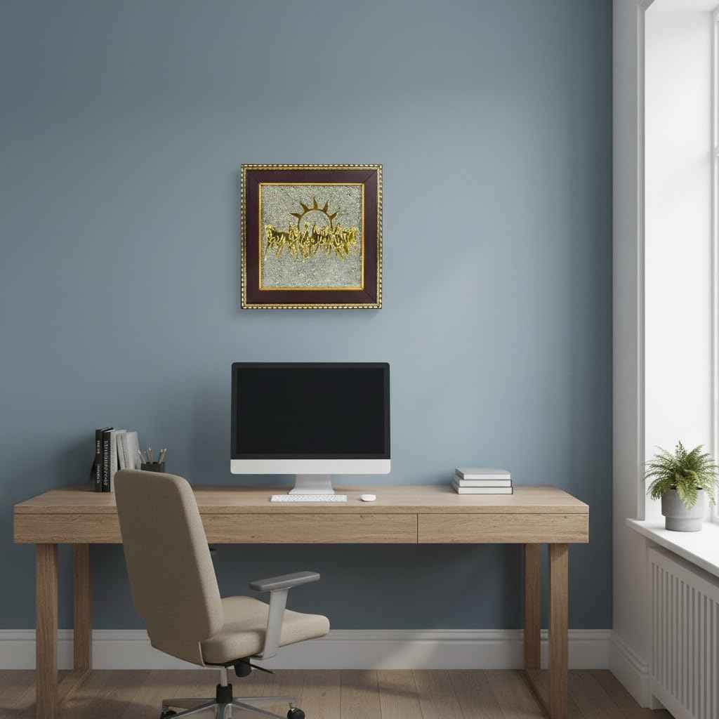 7 Horses on Raw Pyrite Frame | Vastu Wealth & Success Wall Decor