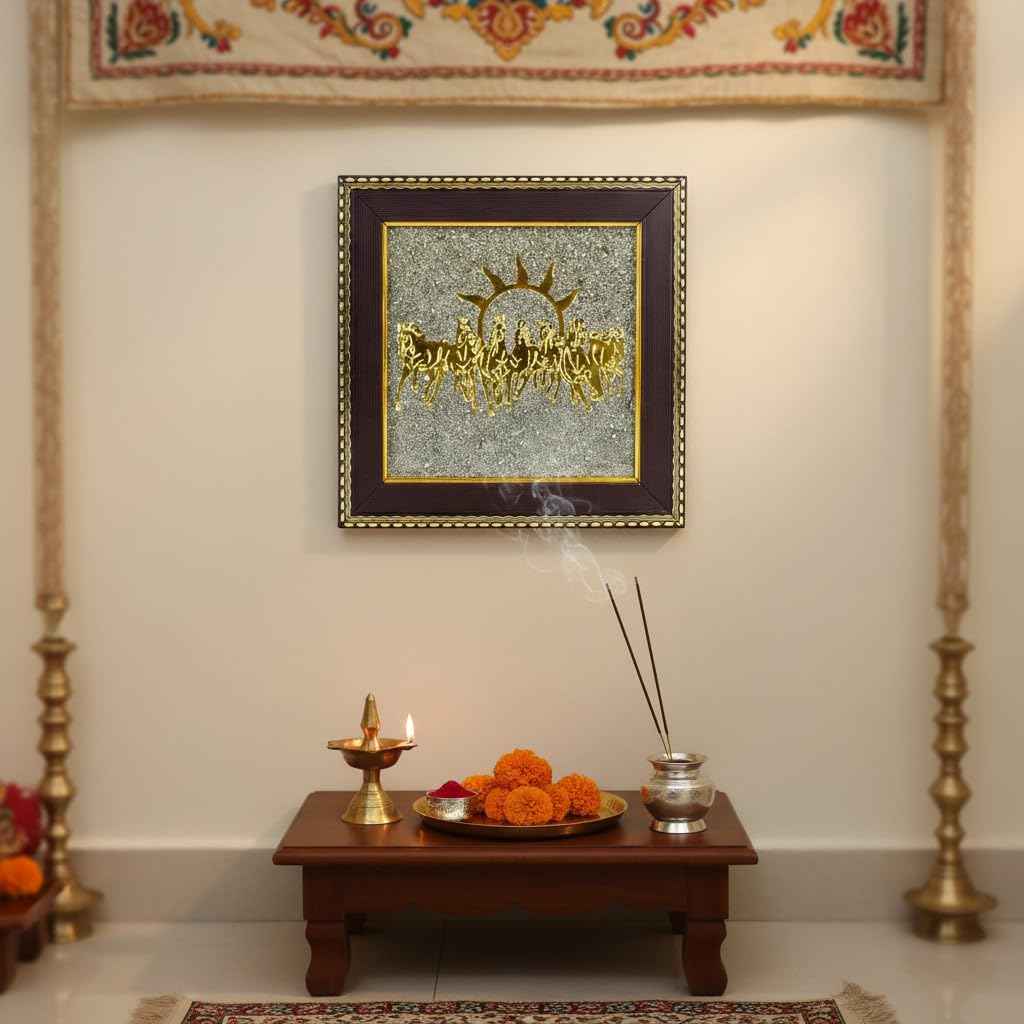 7 Horses on Raw Pyrite Frame | Vastu Wealth & Success Wall Decor