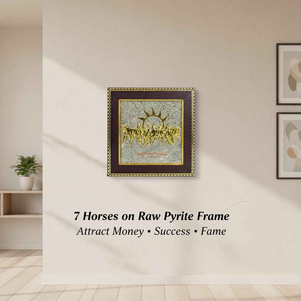 7 Horses on Raw Pyrite Frame | Vastu Wealth & Success Wall Decor
