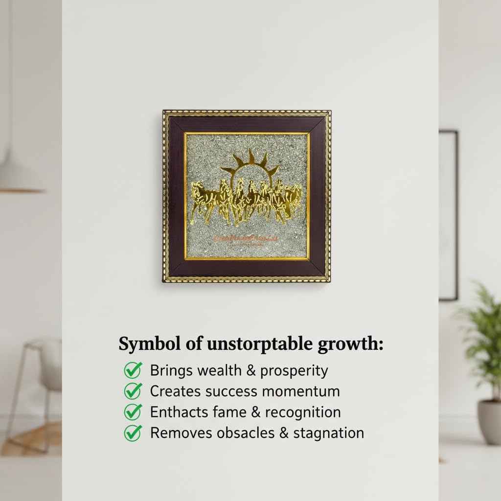 7 Horses on Raw Pyrite Frame | Vastu Wealth & Success Wall Decor