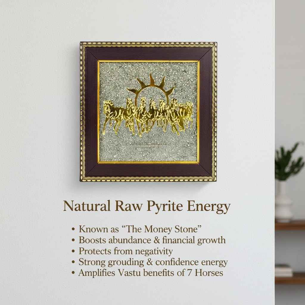 7 Horses on Raw Pyrite Frame | Vastu Wealth & Success Wall Decor